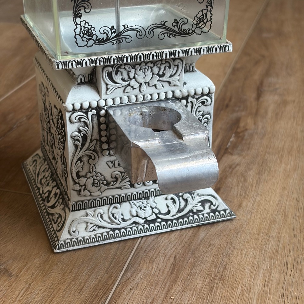 Vintage Venderette Candy Nut Dispenser Ornate White Black Cast Metal Glass Decor - Picture 2 of 11